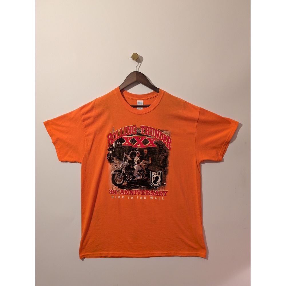 Gildan T-Shirt Mens XL Orange Rolling Thunder 30th Anniversary Biker Tee